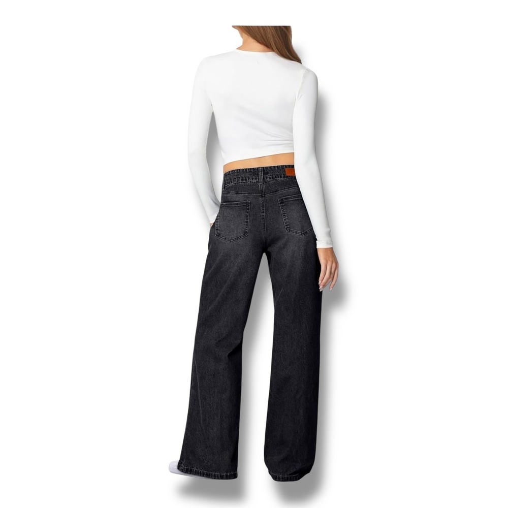 NEW Sidefeel Womens High Waisted Seamed Wide Leg Jeans Washed Black Size 10 - Picture 6 of 8